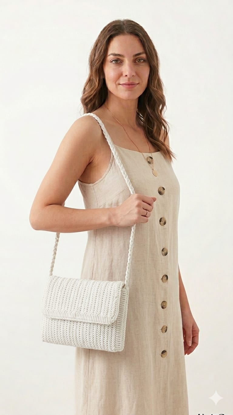 Beyaz El Örgüsü Çanta- Weiße handgestrickte Tasche